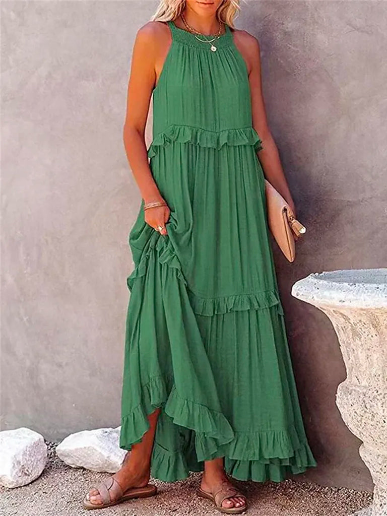 Vestido Longo de Verão Plissado sem Mangas de Amarrar